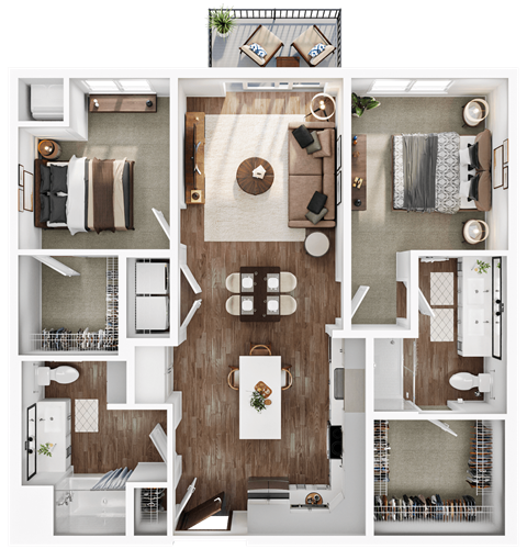 Floor plan for 2 beds, 2 baths, 1105 sqft